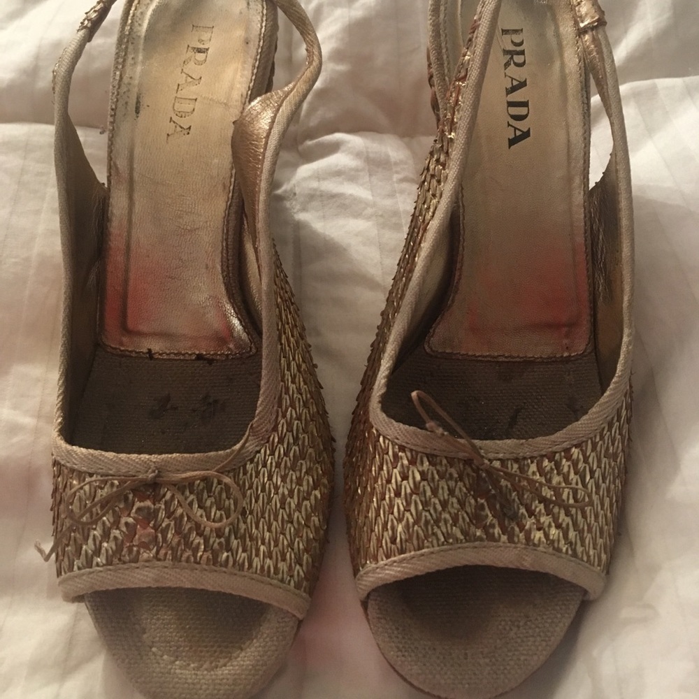 Prada Gold Woven Slingback Wedges